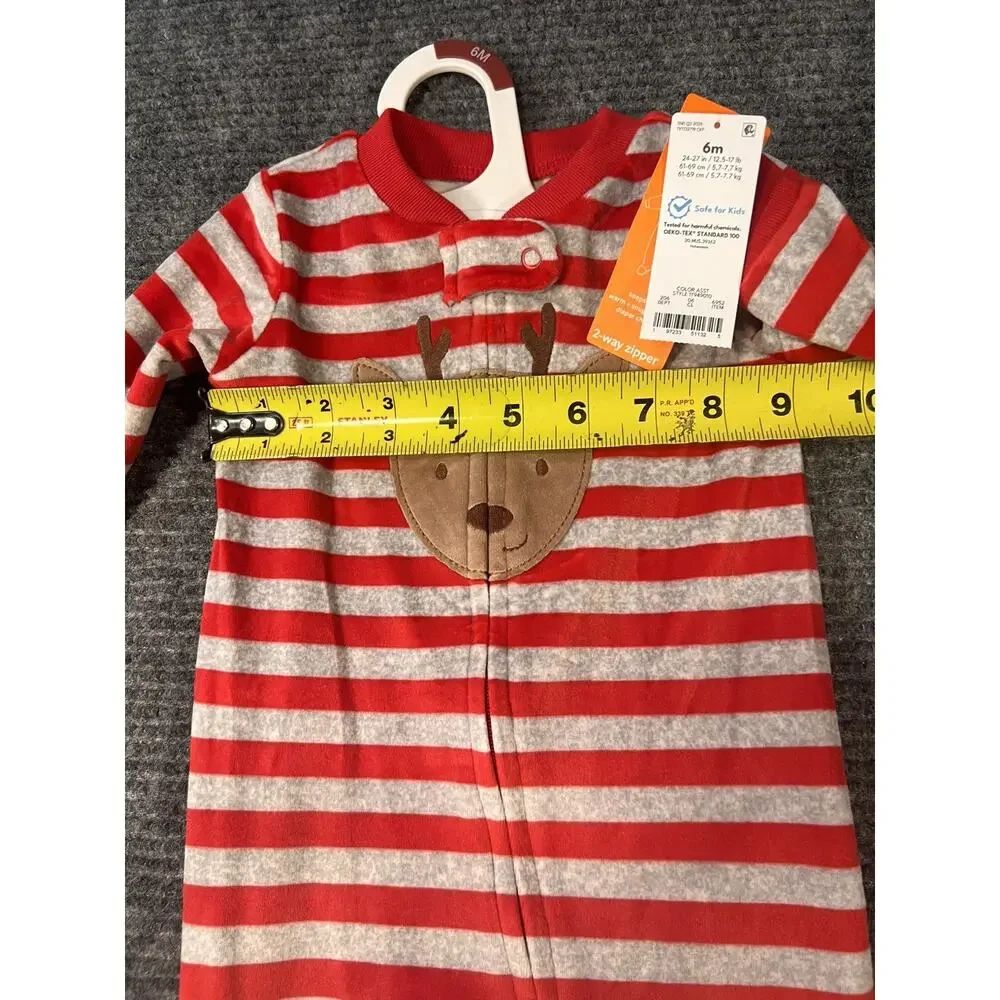 Carter's 6M Red/Gray Fleece Footed Reindeer One-Piece Sleeper 2-Way Zip